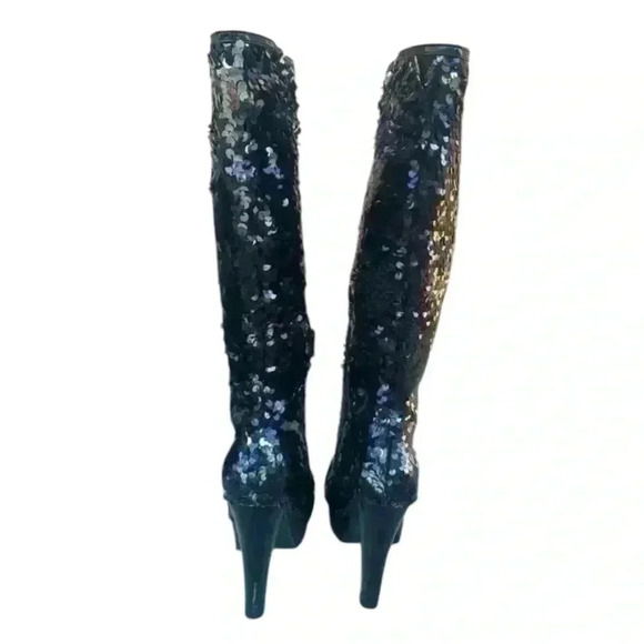 Ten Thirty One sequin black knee-high heels peep toe size 9 - Picture 5 of 5